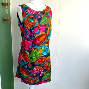 Vintage 80s 90s Vibrant Unique Jewel Tone Novelty Print Fish Summer Mini Dress